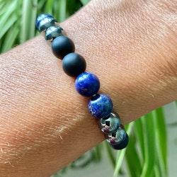 Onyx Svart, Hematit, Lapis Lazuli 8mm pärlor Armband 'Större Handled'