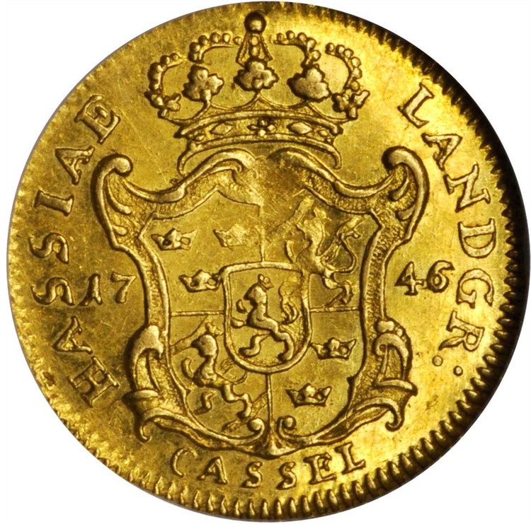 Sverige, Fredrik I 1720-1751, Lantgreve av Hessen, gulddukat 1746 - RR - ETT EXTREMT OVANLIGT TYPMYNT