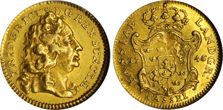 Sverige, Fredrik I 1720-1751, Lantgreve av Hessen, gulddukat 1746 - RR - ETT EXTREMT OVANLIGT TYPMYNT