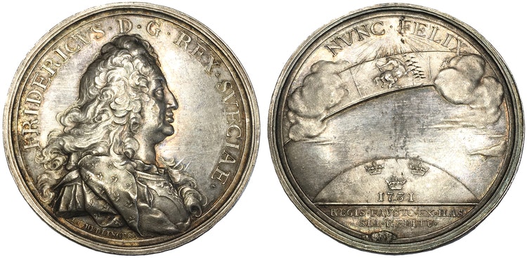 Sverige, Fredrik I 1720-1751, Den Hessiska resan 1731 - Silvermedalj med anledning av återkomsten till Sverige graverad av Hedlinger - RR