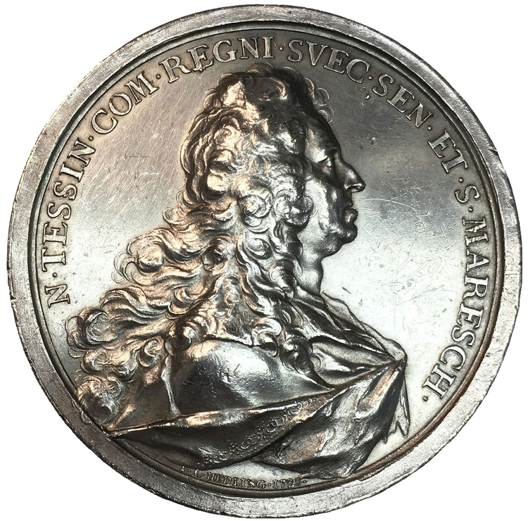 Sverige, Fredrik I 1720-1751, Silvermedalj, Nikodemus Tessin d.y, 1728 av J. C. Hedlinger