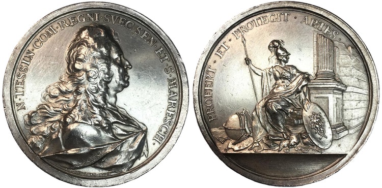 Sverige, Fredrik I 1720-1751, Silvermedalj, Nikodemus Tessin d.y, 1728 av J. C. Hedlinger