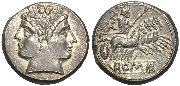 Romerska Republiken - Didrachm i silver ca 225-214 f.Kr med Janushuvud i LÄCKER KVALITET