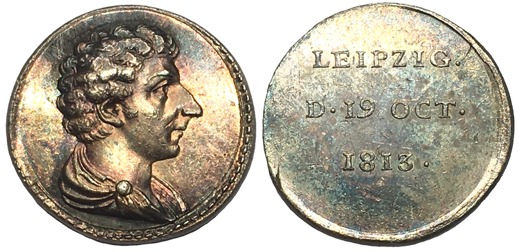 Sverige, (Karl XIV Johan), Jean Baptiste Bernadotte som svensk tronföljare, segern vid Leipzig 1813, Minnesmedalj i silver - RAR - graverad av Carl Enhörning