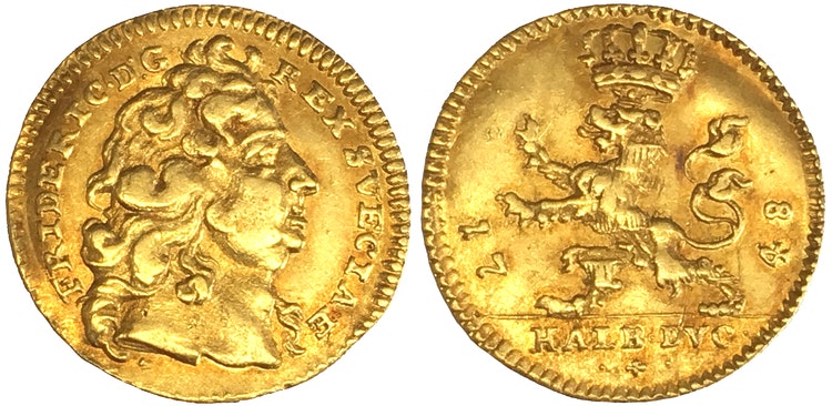 Sverige, Fredrik I 1720-1751, Lantgreve av Hessen-Kassel, guld 1/2 dukat 1748 - Sällsynt typmynt!