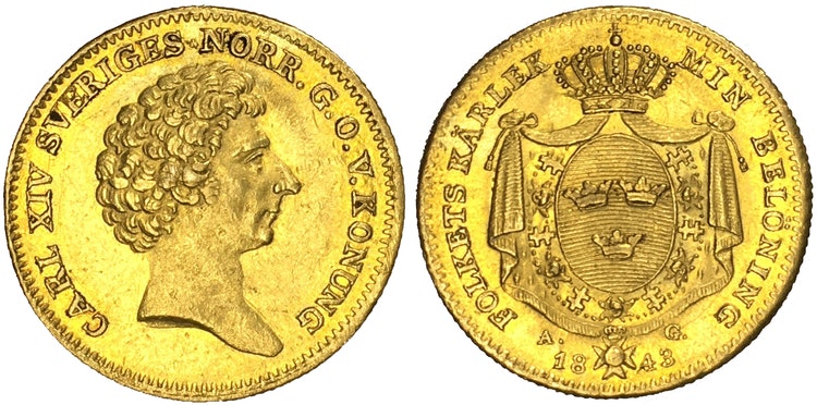 Sverige, Karl XIV Johan 1818-1844, Gulddukat 1843 - TILLTALANDE EXEMPLAR