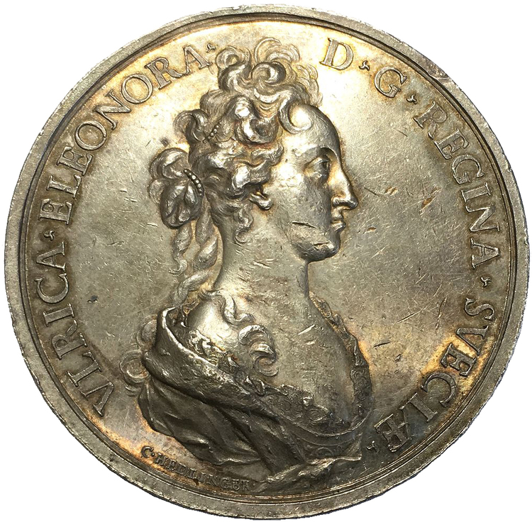 Sverige, Ulrika Eleonora 1719-1720, Silvermedalj av Hedlinger till drottningens kröning 1719