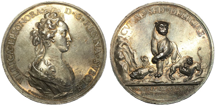 Sverige, Ulrika Eleonora 1719-1720, Silvermedalj av Hedlinger till drottningens kröning 1719