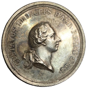 Sverige, Gustav III 1771-1792, Silvermedalj utgiven med anledning av kronprinsens (Gustav III) 16 års dag 1761 av Daniel Fehrman