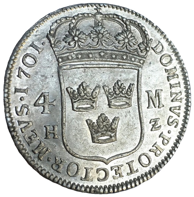 Sverige, Karl XII 1697-1718, 4 Mark 1701 i silver - LÄCKER KVALITET