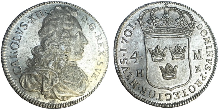 Sverige, Karl XII 1697-1718, 4 Mark 1701 i silver - LÄCKER KVALITET