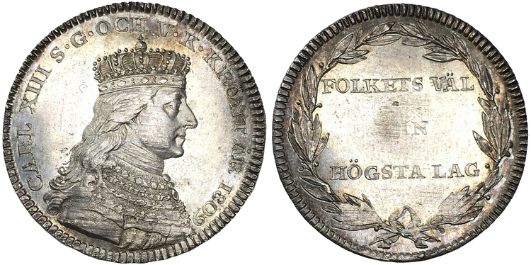 Karl XIII, Kastmynt till konungens kröning 1809, 1/3 riksdaler i silver -kvalitet 01/0 med endast obetydliga hanteringsmärken