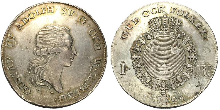 Sverige, Gustav IV Adolf 1792-1809, Silverriksdaler 1794 - TILLTALANDE  EXEMPLAR