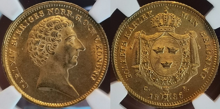 Sverige, Karl XIV Johan 1818-1844, 2 Dukater 1836 - 15 kända - TOPPEXEMPLAR MED FIN PROVENIENS!