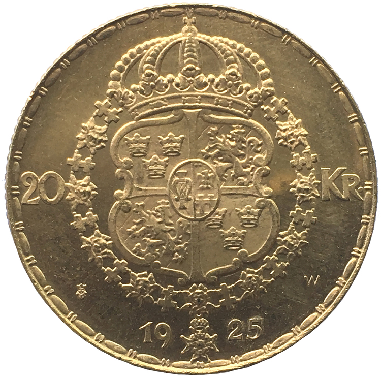 Sverige, Gustav V 1907-1950, 20 kronor 1925 GULD - VACKERT GULDEXEMPLAR MED FROSTAD RELIEF