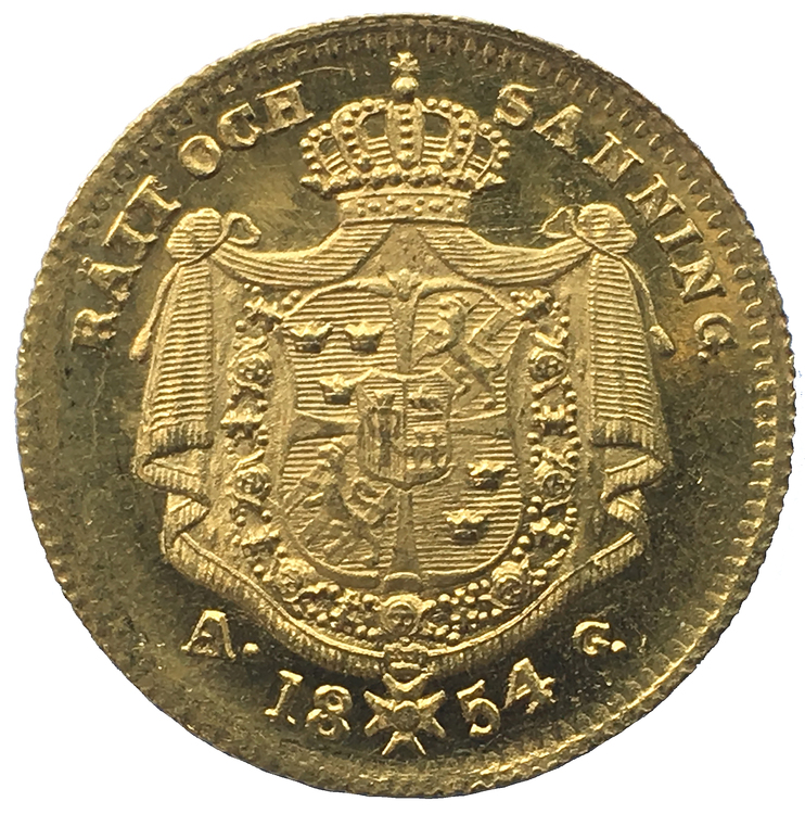 Sverige, Oskar I 1844-1859, gulddukat 1854 med stor A i Mm AG - TOPPEXEMPLAR