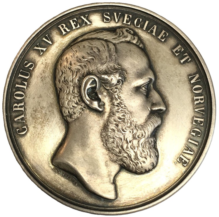 Sverige, Karl XV 1859-1872, Silvermedalj utgiven med anledning av konungens död 1872, graverad av Lea Ahlborn