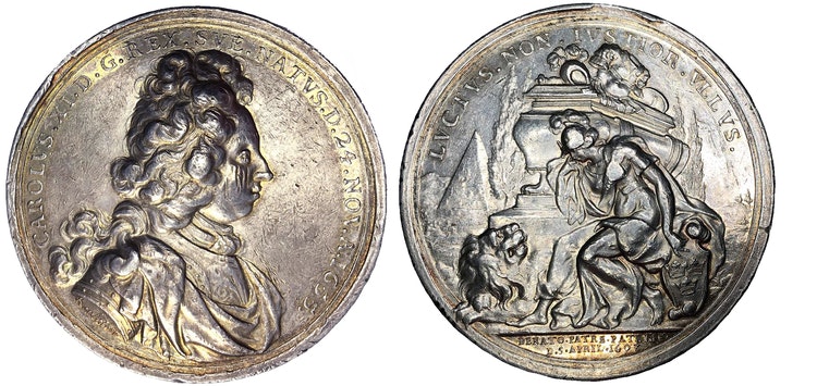 Sverige, Karl XI 1660-1697. Silvermedalj till konungens död 1697 av Arvid Karlsteen