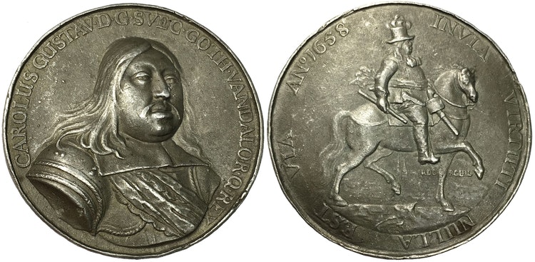 Sverige, Karl X Gustav 1654-1660, Medalj 1658 - Tåget över stora Bält - MYCKET SÄLLSYNT - av Pieter van Abeele
