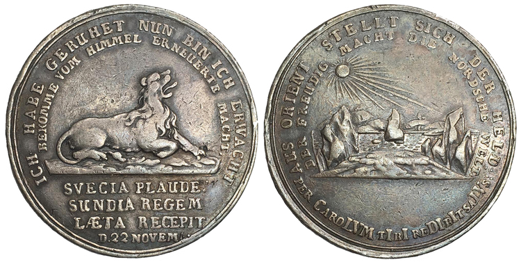 Sverige, Karl XII 1697-1718, Minnespenning 1/2-riksdaler 1714, Pommern, Stralsund, graverad av Christian Wermuth - Konungen lämnar Turkiet - RAR