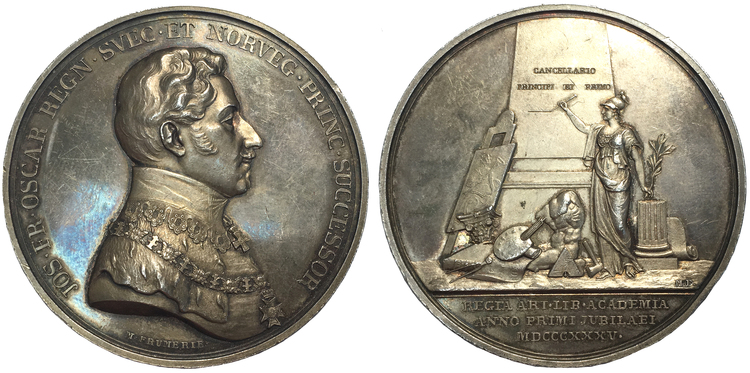 Sverige, Kronprins Oskar (I), Silvermedalj 1835, utgiven till 100-årsfirandet av Kungliga Akademin för de fria konsterna av M. Frumerie