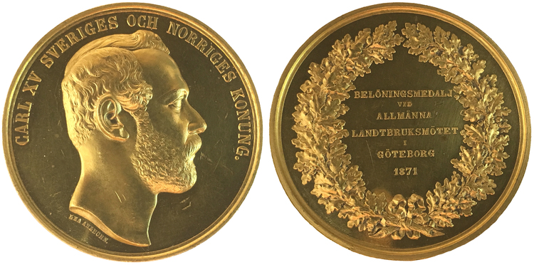 Karl XV 1859-1872, Guldmedalj 1871 i 40 dukaters vikt - UNIK I PRIVAT ÄGO - graverad av Lea Ahlborn - Pris på förfrågan!