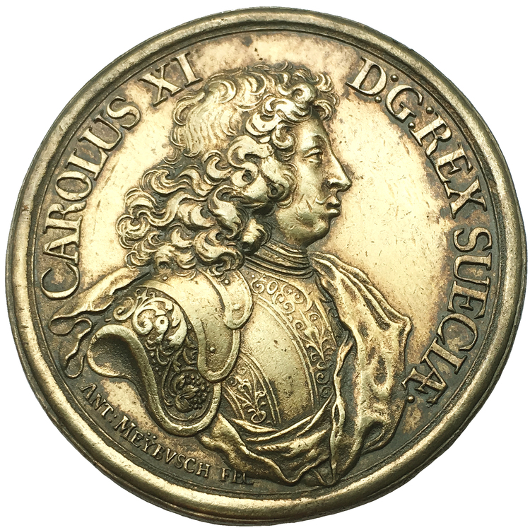 Sverige, Karl XI 1660-1697, Förgylld silvermedalj 1679 - Freden i Lund av Anton Meybusch - RAR