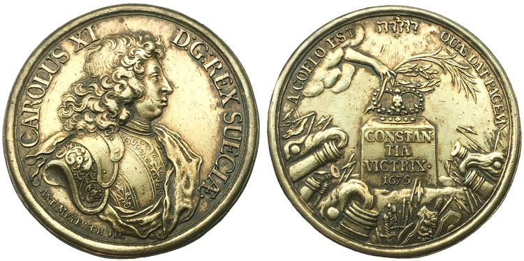 Sverige, Karl XI 1660-1697, Förgylld silvermedalj 1679 - Freden i Lund av Anton Meybusch - RAR