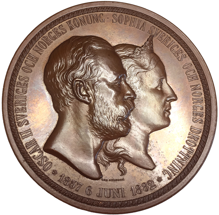 Sverige, Oskar II, Silverbröllopet 1857-1882 - MASSIV PRAKTMEDALJ av Lea Ahlborn