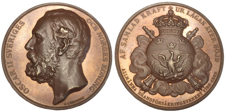 Sverige, Oskar II, Allmänna brandförsäkringsverket 1782-1882, Bronsmedalj i TOPPKVALITET graverad av Adolf Lindberg