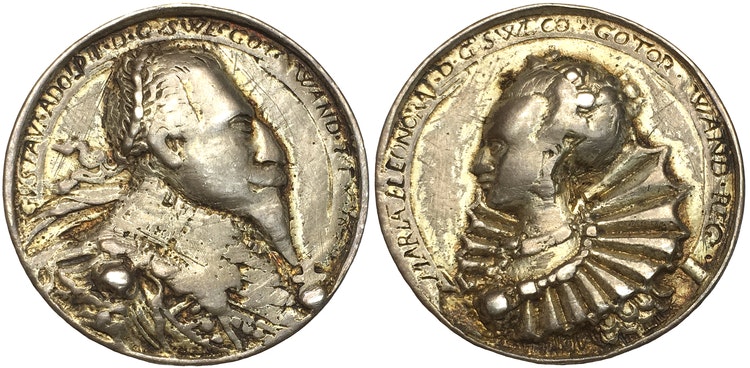 Sverige - Gustav II Adolf och Maria Eleonora förgylld silvermedalj 1629