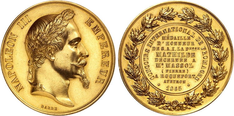 Napolen III - Stor guldmedalj till Roqefortosten vid världsutställningen i Paris 1865 graverad av Barre
