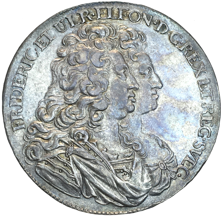 Fredrik I - Riksdaler 1727 med dubbelporträtt - Ett klassiskt och sällsynt typmynt i vacker kvalitet