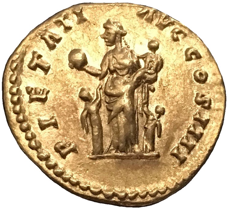 Antoninus Pius 138-161 e.Kr. Vacker aureus i guld med full närmast full präglingsglans