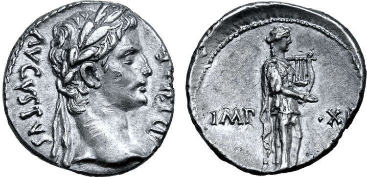 Romerska riket, Augustus, denar med kraftfullt porträtt - MYCKET VACKER!