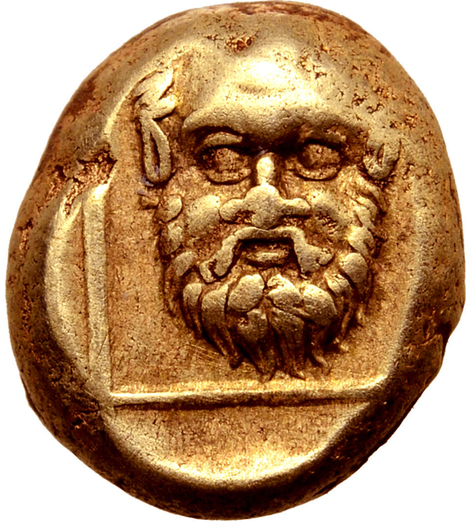 Lesbos, Mytilene, Hekte, guld, ca 375-325 f.Kr. - Guden Silenos ansikte