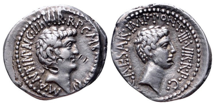 Romerska riket, Markus Antonius & Oktavianus, Silverdenar ca 41 f.Kr. - LÄCKERT EXEMPLAR