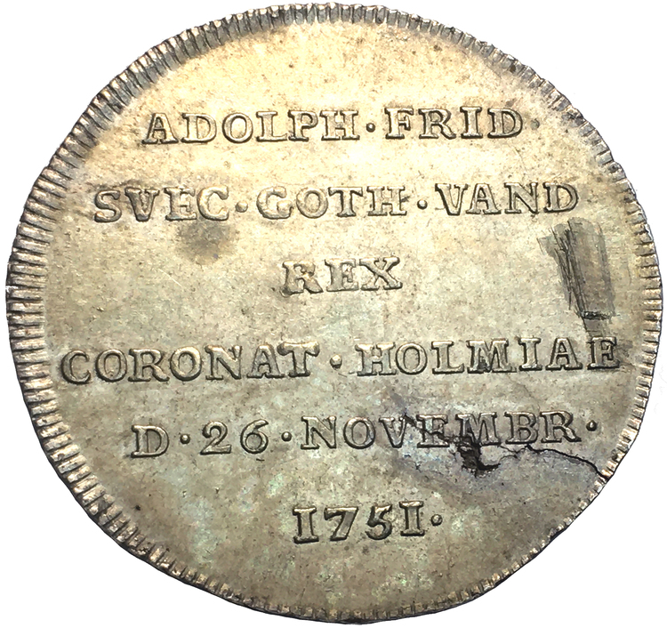 ADOLF FREDRIK,2 mark 1751. Kastmynt till kungens kröning Kvalitet 01/0)(01, 10.20g, 31.03mm, testmärke och plantsfel