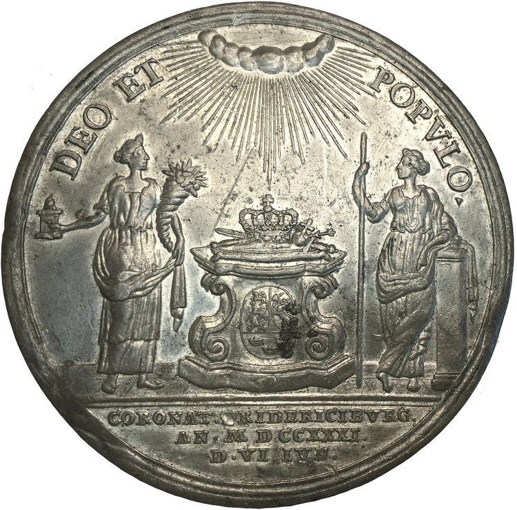 Danmark, Christian VI, pampig kröningsmedalj 1731 av G.W. Wahl