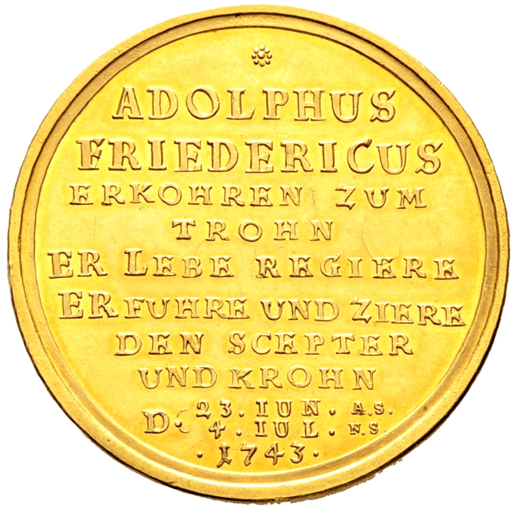 Adolf Fredrik - half portugalös - 5 dukater 1743 RRR av Paul Heinrich Gödeke - Ocirkulerat toppexemplar