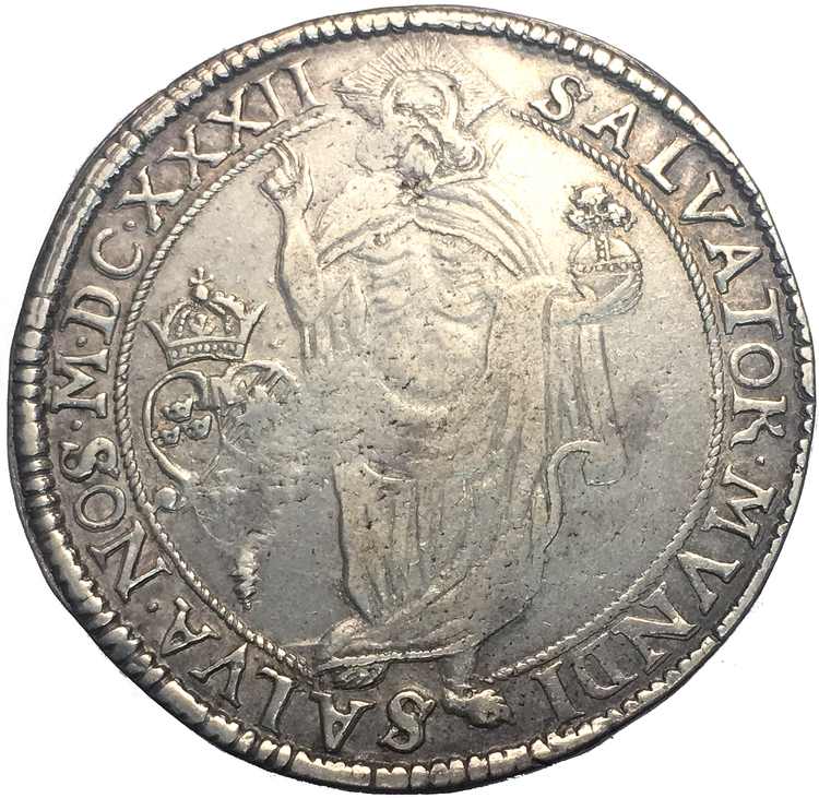 Gustav II Adolf, Riksdaler 1632, Krona med spetsiga kanter & felvända "tre kronor"
