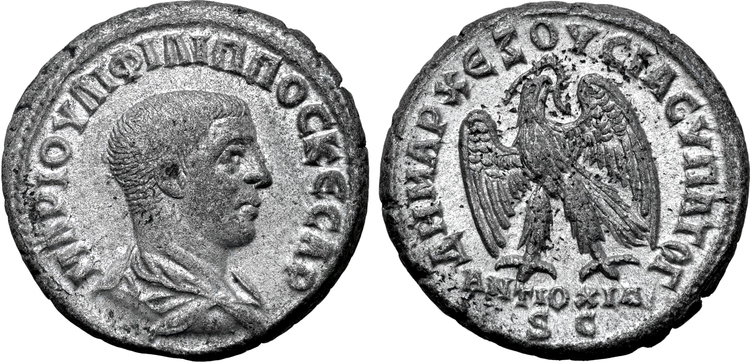 Romerska riket, Philip II som Caesar 247 e.Kr, Seleucis and Pieria, Tetradrachm - Tekniskt ocirkulerad och skarp med fin lyster