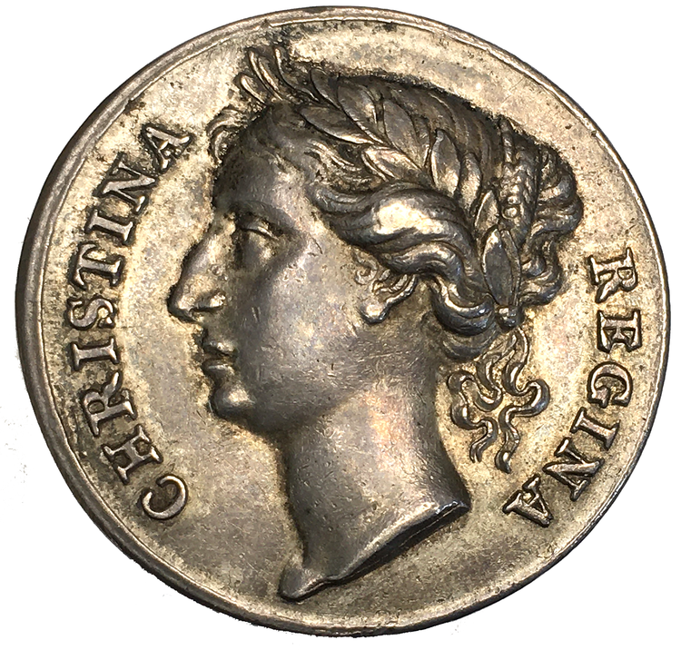 Sverige, Kristina 1632-1654, Kastpenning i silver, utan årtal (1650) till drottningens kröning, graverad av Erich Parise - MYCKET VACKERT EXEMPLAR
