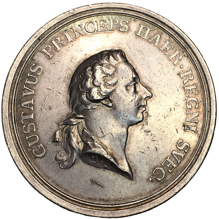 Sverige, Gustav III 1771-1792, Silvermedalj utgiven med anledning av kronprinsens (Gustav III) 16 års dag 1761 av Daniel Fehrman