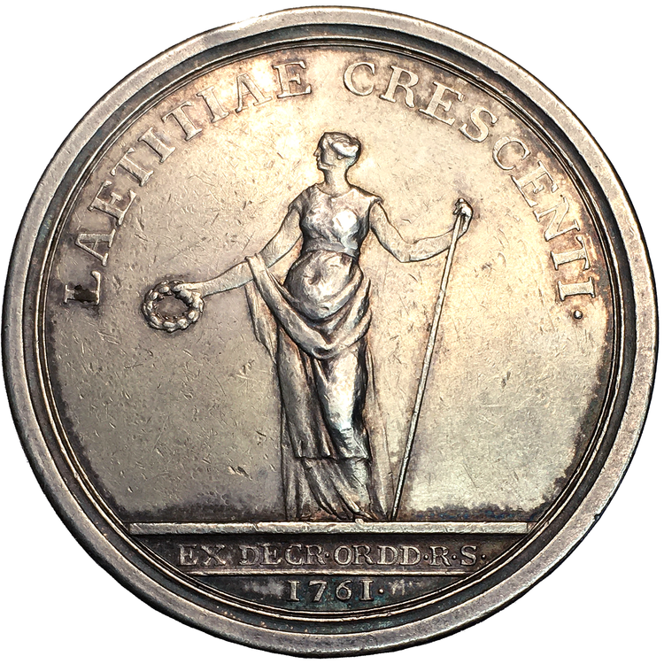 Sverige, Gustav III 1771-1792, Silvermedalj utgiven med anledning av kronprinsens (Gustav III) 16 års dag 1761 av Daniel Fehrman