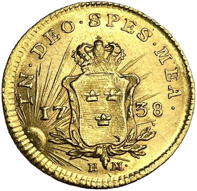 Fredrik I - Dukat 1738 av Ostindiskt guld - 11 kända exemplar i privat ägo - OCIRKULERAT TOPPEXEMPLAR