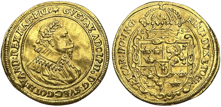 Gustav II Adolf, Nürnberg dukat 1632 - Mycket vackert exemplar med underbar lyster på stort myntämne