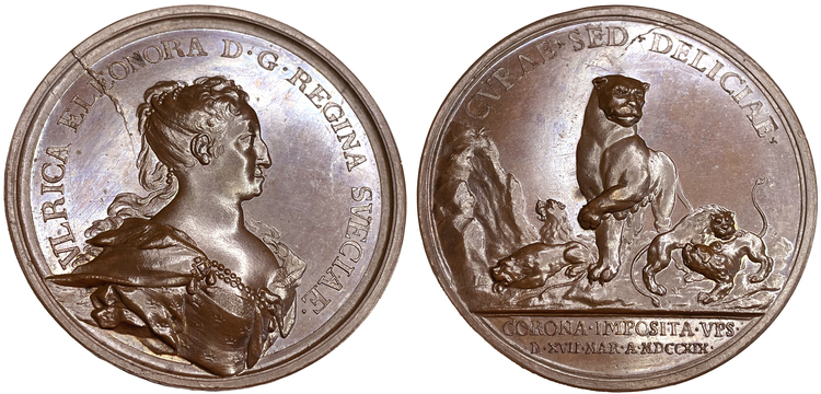 Ulrika Eleonoras kröning 1719 - Extremt sällsynt hybrid med drottningens död och begravning 1742 - Av Hedlinger - Ett ocirkulerat toppexemplar och RRR