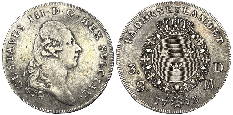 Gustav III, 3 Daler Silvermynt 1773 med 1772-års bild - Sällsynt