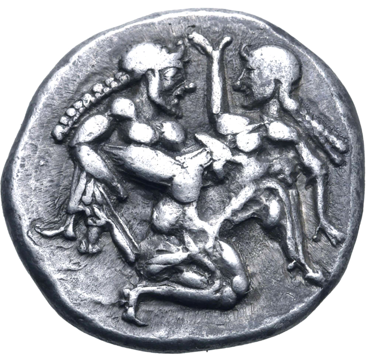 Trakien, Thasos, Stater ca 500-480 f.Kr - Naken satyr med ergegerad penis rövar bort nymf lättklädd nymf med svällande bröst